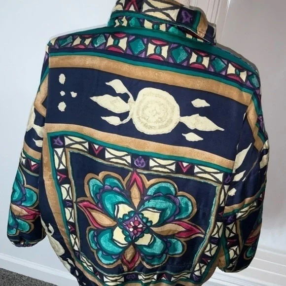 Vintage 90’s Stunt Sports 100% Silk Boho/Southwestern/Aztec Bomber Jacket Sz 2X - Picture 7 of 15